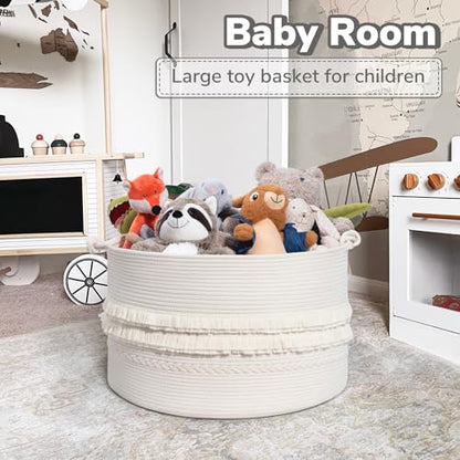 Large Blanket Basket Living Room, Laundry Basket With Tassel, 90L | Storage Basket for Toys, Clothes & Pillows Storage，Cotton Rope, Laundry Hamper With Handles,Fits Bedroom Nursery Décor, White