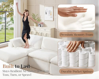 120" Cloud Modular Sectional Sofa, No-Assembly Oversized Chenille Couch with 76.4" Extra-Deep Chaise, Modern White Cloud Couch for Living Room