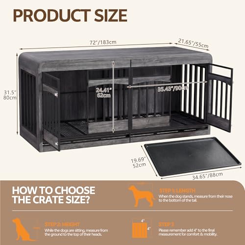 72" Double Dog Crate Furniture, Dog Crates for 2 Medium Dogs, Grey, view 3