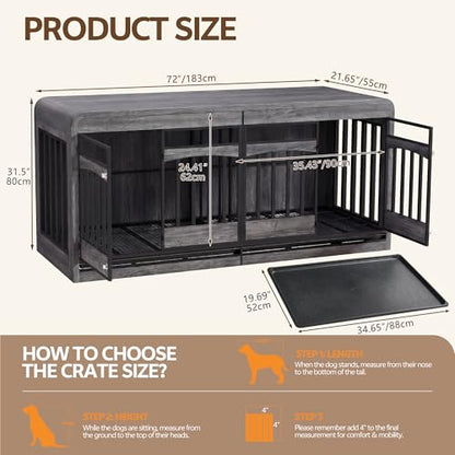72" Double Dog Crate Furniture, Dog Crates for 2 Medium Dogs, Grey, view 3