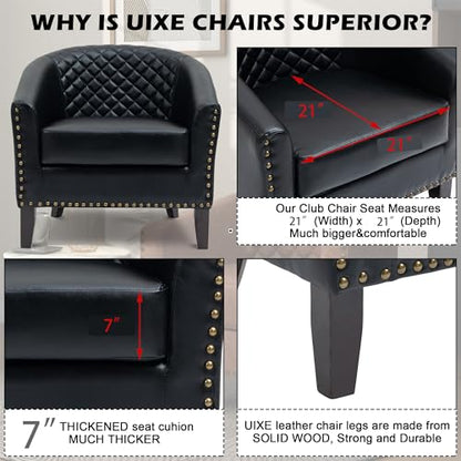 Faux Leather Barrel Accent Chairs Set of 2, Modern Club Upholstered Arm Chair, Comfy Armchair Nailed Trim Living Room Single Sofa Reading Seat Bedroom Side Sitting for Office, Black
