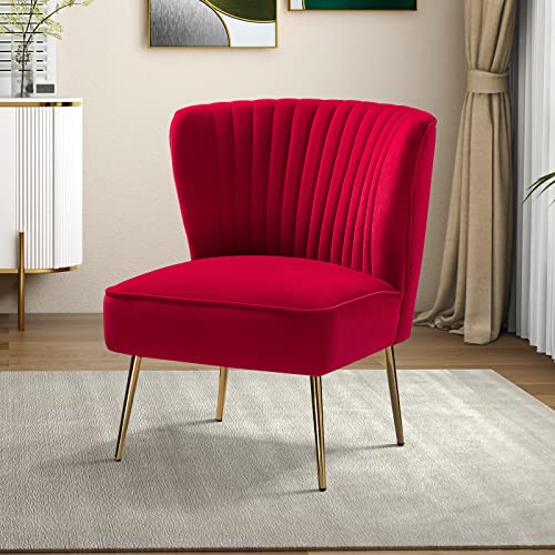 Velvet Armless Accent Chair, Upholstered Modern Small Side Chair with Golden Legs, Comfy Cute Wingback Slipper Chair for Living Room, Study, Beauty Room, Thickly Padded(RED)