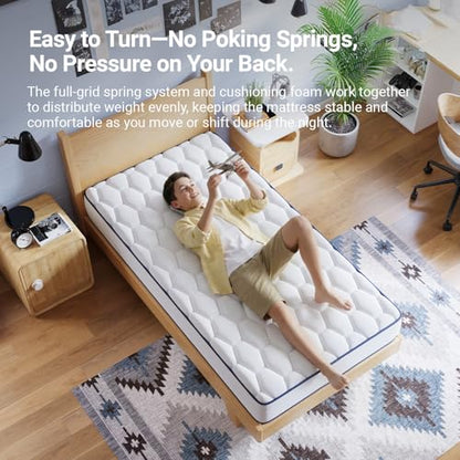 6 Inch Twin Mattress for Fresh Sleep, Twin Size Mattresses with Innerspring for Pressure Relief, Bonnell Coil Hybrid Mattresses Breathable Cover CertiPUR-US Certified Bed Mattress in a Box