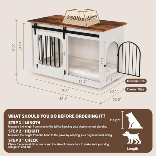 XL Dog Crate Furniture,39.4" Decorative Dog Kennel with Barn Door & Cushion, view 3