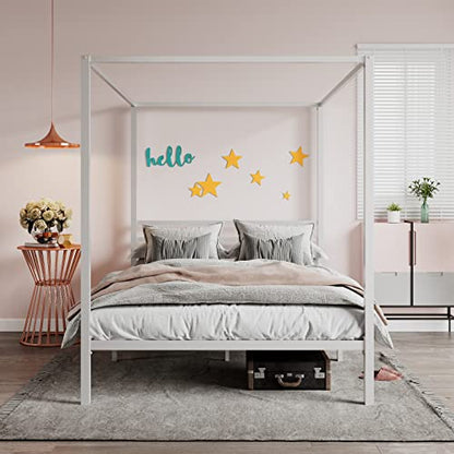 Queen Size Canopy Bed Frame with Heavy Duty Metal Slats, White, view 7