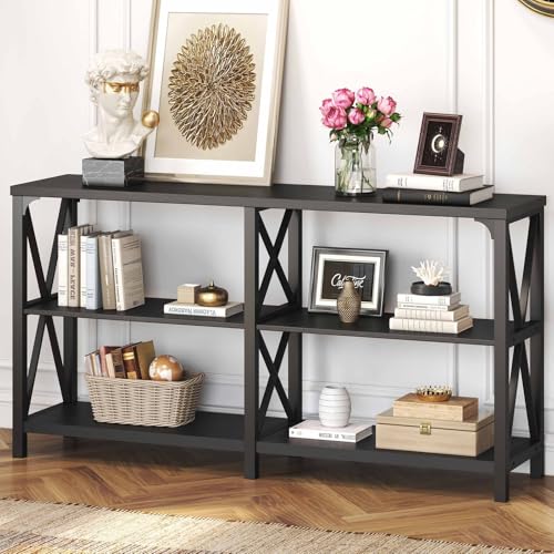 Black Console Table, Modern Sofa Table Behind Couch, Industrial Entryway Table for Hallway Living Room, Farmhouse Wooden Metal Entry Table for Foyer with 3-Tier Storage Shelves, Black Oak, 55 Inch
