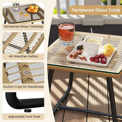 Yaheetech 3 Piece Patio Bistro Set, Outdoor Wicker Bistro Furniture Sets | 2 Rattan Chairs and Glass Top Table for Patio, Balcony, Porch, Poolside, Backyard, Tan/Cream