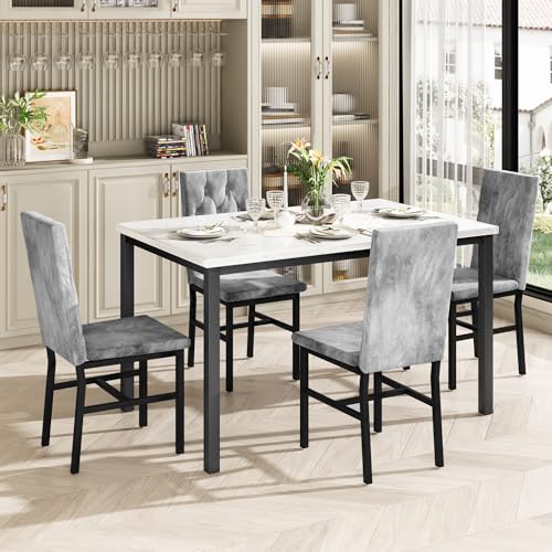 Dining Table Set for 4, Faux Marble Small Kitchen Table Chairs Set of 4 with Luxurious Button Tufted Dinner Chairs for Kitchen and Dining