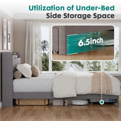 King Bed Frame, Upholstered Platform Bed Frame with Storage Drawers, view 7