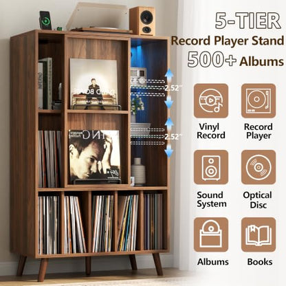 Large Record Player Stand w/Power Outlet & LED Lights, Holds Up 350+ Albums, view 4