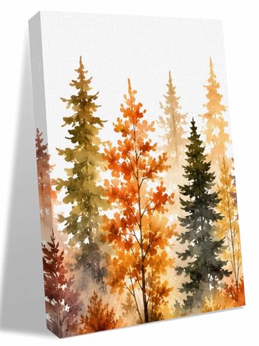 NuYeBiofx Nature Watercolor Autumn Forest Canvas Wall Art Prints,30"x20" Framed Picture Artwork Rustic Fall Pine Trees Scene Printed Canvas Oil Painting for Living Room Bedroom Office,Ready to Hang