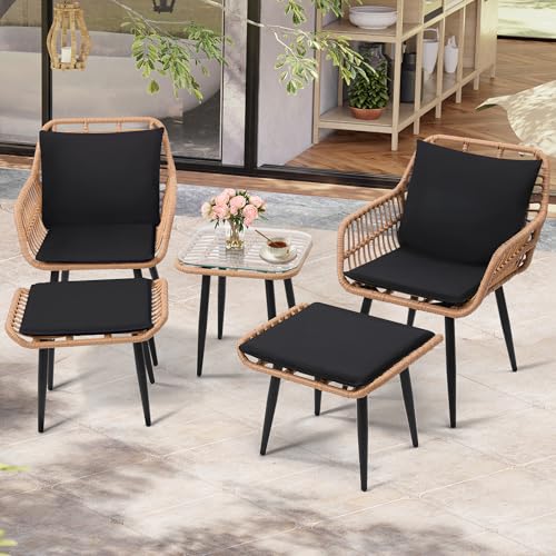 5 Piece Wicker Bistro Patio Conversation Furniture Set, Natural | Includes 2 Chairs, 2 Ottomans, and Side Table, Ideal for Porch, Balcony, Deck, Backyard