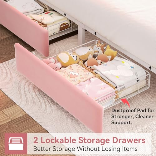 Velvet Princess Bed with Storage, Charging, Pink, view 5