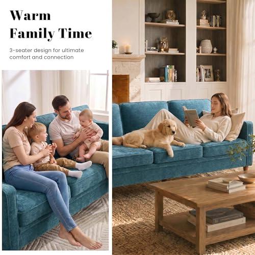 80" Chenille Sofa, 3 Seater Couch, Mid Century Modern Couches with Solid Wood Legs for Living Room Bedroom