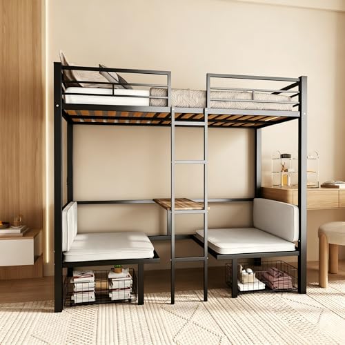 Full Size Loft Bed with Drawer and Desk & Table Sets Transformable for Bedroom,Dormitory,Living Room,Metal Sturdy Bed Frame w/Full-Length Guardrails,Full Over Full Bunk Bed,Black