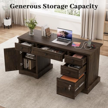 59" Farmhouse Executive Desk with Drawers, Wood Home Office Computer Desk, view 7