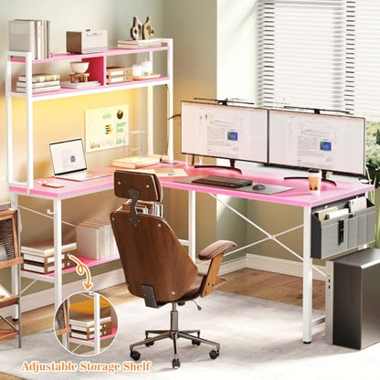 L Shaped Desk Gaming Desk, 59" L Shaped Computer Desk with LED Light & Power Outlet, Reversible Home Office Desk Gamer Desks with Shelves & Storage Bag & Hooks, Corner PC Desk, Pink