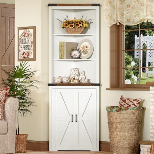 Farmhouse Corner Cabinet, 70" H Tall Corner Hutch with 5 Shelves & 2 Barn Doors, view 3