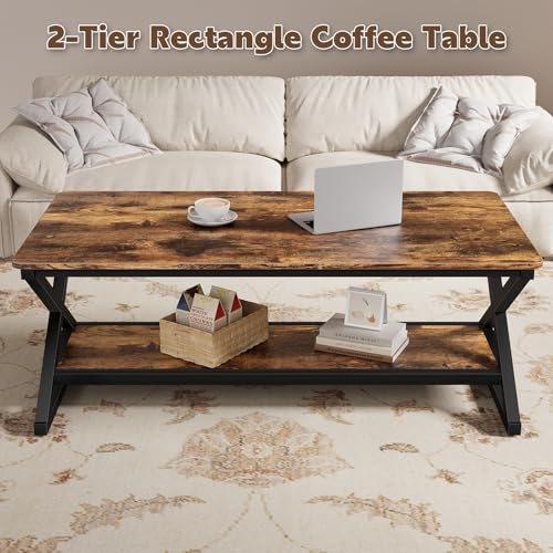 Rustic Brown Rectangle Coffee Table for Living Room, 47" Farmhouse Minimalist Wooden Metal 2 Tier Center Tables with Storage Shelf, 350lbs Load Capacity, Easy Assembly