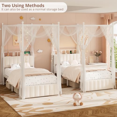 Twin Size Upholstered RGB LED Canopy Bed Frame with Storage, White, view 5