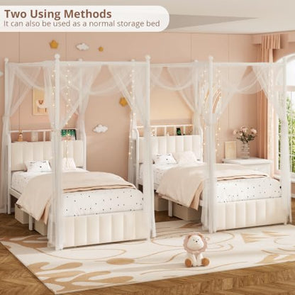 Twin Size Upholstered RGB LED Canopy Bed Frame with Storage, White, view 5