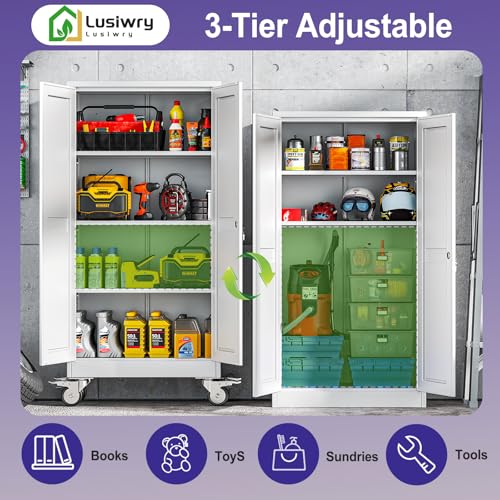 Metal Storage Cabinet with Wheels,Tall Rolling Garage Storage Cabinet with 2 Doors and 3 Adjustable Shelves - 61" Steel Lockable File Cabinet,Locking Tool Cabinets for Garage,Office,Gym,School(White)