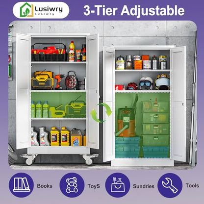 Metal Storage Cabinet with Wheels,Tall Rolling Garage Storage Cabinet with 2 Doors and 3 Adjustable Shelves - 61" Steel Lockable File Cabinet,Locking Tool Cabinets for Garage,Office,Gym,School(White)