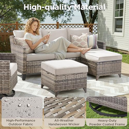 8 Pieces Patio Furniture Set with 42.5" Fire Pit Table-All Weather Wicker Outdoor Furniture with High Back Wicker Patio Chairs Set of 2 Outdoor Couch for Deck Backyard Gray/Beige