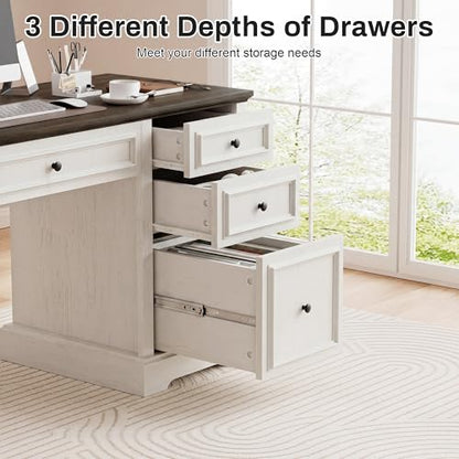 60" Farmhouse Executive Desk with Drawers and Cabinet, view 7