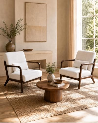 Mid-Century Chenille Accent Chair, Cozy Reading Chair, Modern Lounge Armchair with Lumbar Pillow, Solid Wood Frame, for Living Room, Bedroom, Office, Beige
