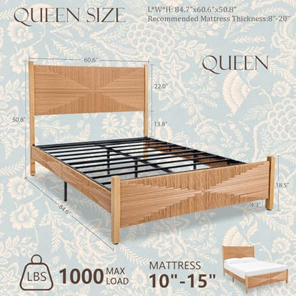 Queen Size Rattan Bed Frame, Boho Bed Frame with Hand Woven Wicker Headboard & Footboard, Mid-Century Solid Wood Posts and Feet, Metal Slat, No Box Spring Needed, Natural Oak