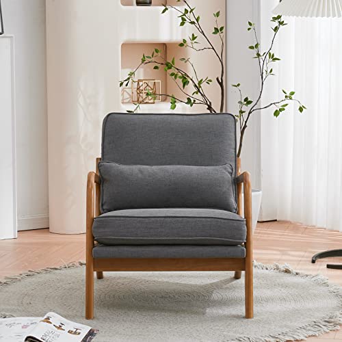 Accent Chair Mid-Century Modern Chair with Pillow Linen Fabric Upholstered Lounge Arm Chair with Solid Wood Frame & Soft Cushion for Living Room, Bedroom, Balcony, Gray