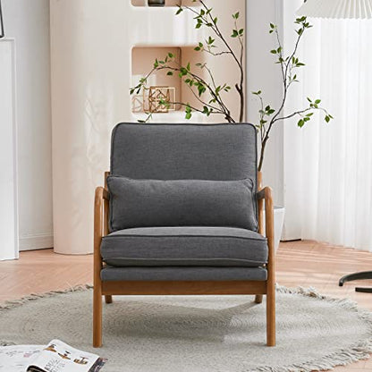 Accent Chair Mid-Century Modern Chair with Pillow Linen Fabric Upholstered Lounge Arm Chair with Solid Wood Frame & Soft Cushion for Living Room, Bedroom, Balcony, Gray