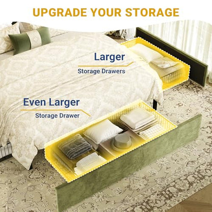 Queen Upholstered Platform Bed Frame with 3 Spacious Storage Drawers, Built-in LED Lights & Charging Station, Vertical Tufted Headboard with Shelf, No Box Spring Needed, Velvet Green