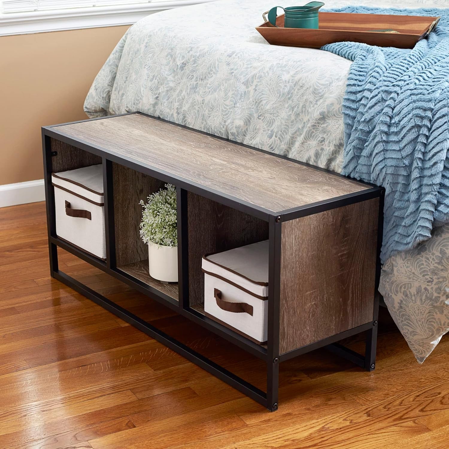 Jamestown TV Stand Coffee Table with Square Cube Storage Compartments Ashwood Rustic Wood Grain and Black Metal