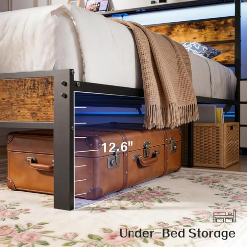 King Size Bed Frame with Storage Headboard, LED Lights, view 6