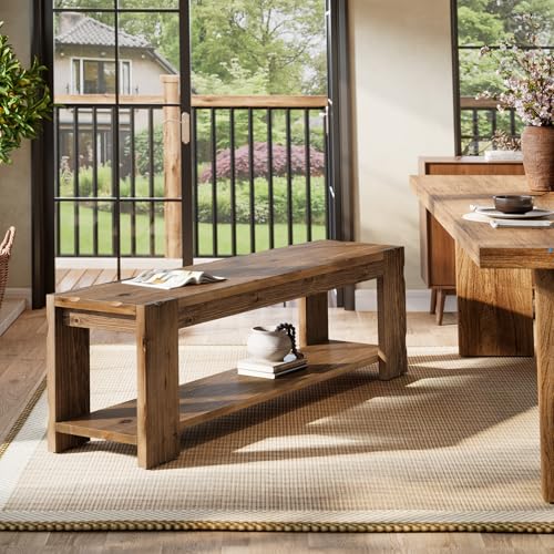 Solid Wood Entryway Bench with Storage Shelf, 55.12-Inch 2-Tier Wood Shoe Bench Seating for Entrance, Hallway, Dining Room, Living Room, Mudroom, Bedroom, Rustic Brown