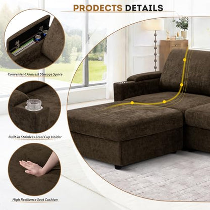 108'' Chenille Sectional Couch with Storage Armrests,L Shaped Upholstered Sofa with Movable Ottoman, 4-Seat Modular Couch with Cup Holders for Living Room, Brown