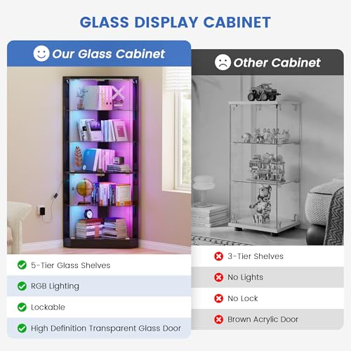 5-Tiers Corner Display Cabinet with Glass Door and RGB Light,Black, view 6