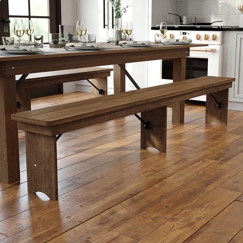 Hercules Series 8' x 12' Commercial Grade Rustic Solid Pine Folding Bench, Antique Farmhouse 3 Leg Dining Bench, Seats up to 4 Adults | Foldable Locking Legs
