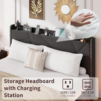 Queen Size Floating Bed Frame with Light and Charging Station, Black, view 8