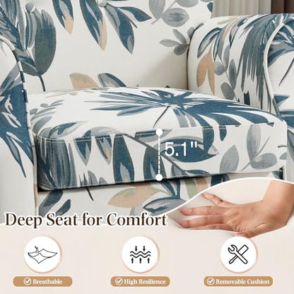 Modern Accent Chair,High Back Armchair,Upholstered Fabric Button Single Sofa with Wooden Legs for Living Room,Bedroom,Blue Leaves