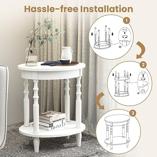 2-Tier Oval End Table, Sofa Side Table with Storage Shelf, Solid Wood Legs, Modern Accent Table, Compact Nightstand for Living Room, Bedroom, Small Space, White