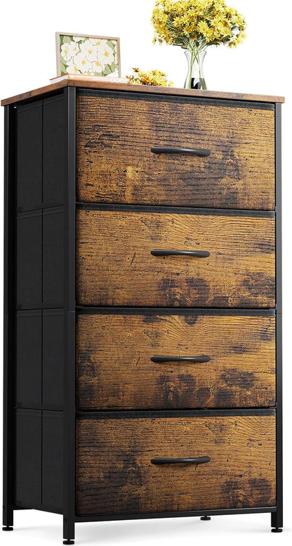 Dresser for Bedroom with 4 Storage Drawers, Small Dresser Chest of Fabric Drawers with Sturdy Steel Frame, Wood Top, Vintage