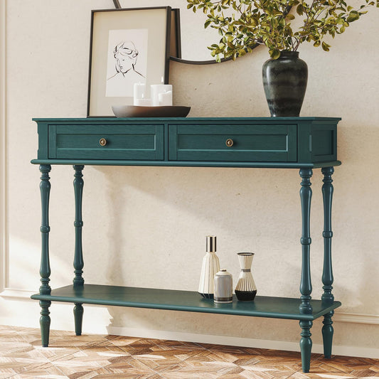 Console Table for Entryway with 2 Drawers-Minimal Assembly,Green Retro Entryway Table with Storage Cabinets and Open Shelf,Narrow Long Couch Table behind Sofa for Living Room,Foyer,Hallway