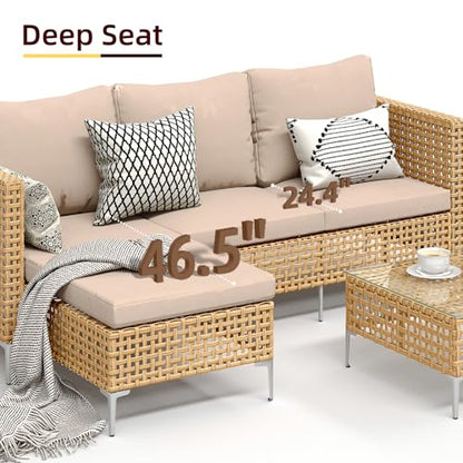 Small Outdoor Patio Furniture Set L-Shaped - Weather Resistant Wicker Sectional Chaise Sofa with Thick Cushions & Tempered Glass Coffee Table for Small Spaces, Balcony, Apartment