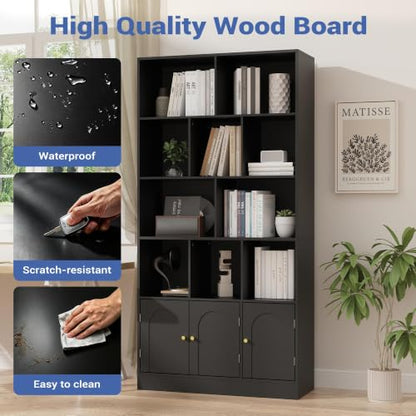 Modern Black 4-tier bookshelf with open shelves and doors, view 7