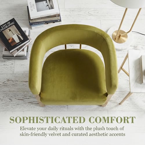 Barrel Accent Chair with Metal Frame Legs, Modern Velvet Living Room Chairs, Mid Century Upholstered Single Lounge Sofa Armchair for Living Room/Bedroom/Reading Room, Olive