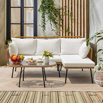 Outdoor Rope Woven Patio Furniture L-Shaped Conversation Sectional Sofa Set Detachable Lounger for Backyard Porch with Thick Cushions & Long Table, White