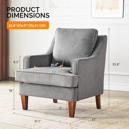 Mid-Century Accent Chairs, Light Grey Upholstered Armchair Comfy Sofa Chair Reading Chair High Back Living Room Bedroom Furniture for Apartment